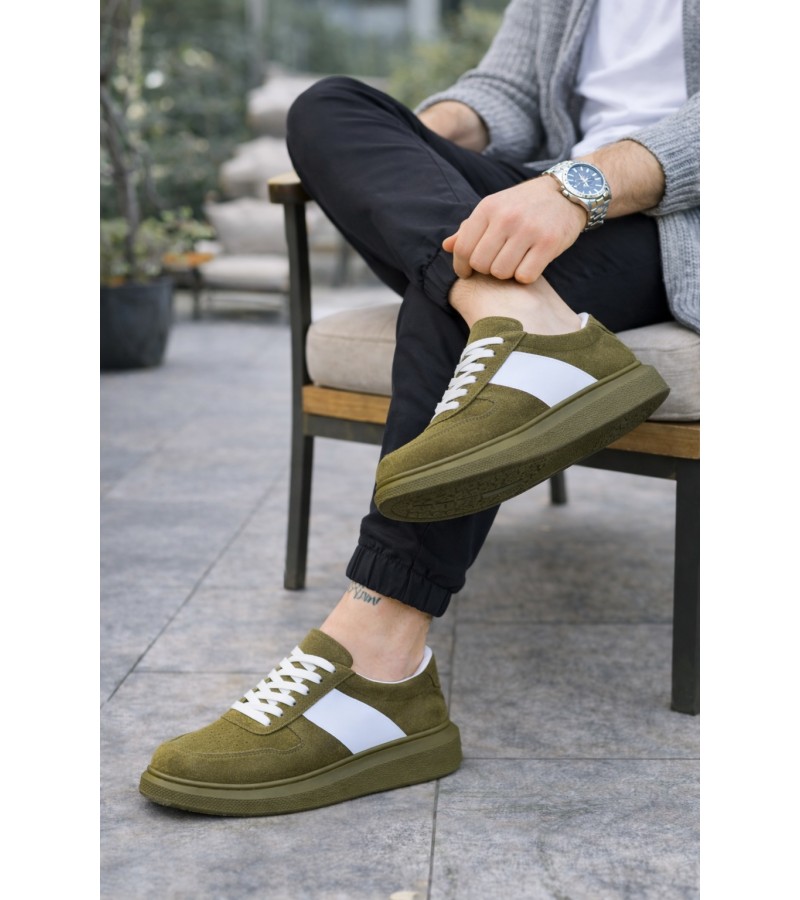 JY011 Line Erkek Günlük Bağcıklı Süet Spor Sneaker Ayakkabı SHT - Haki/Beyaz