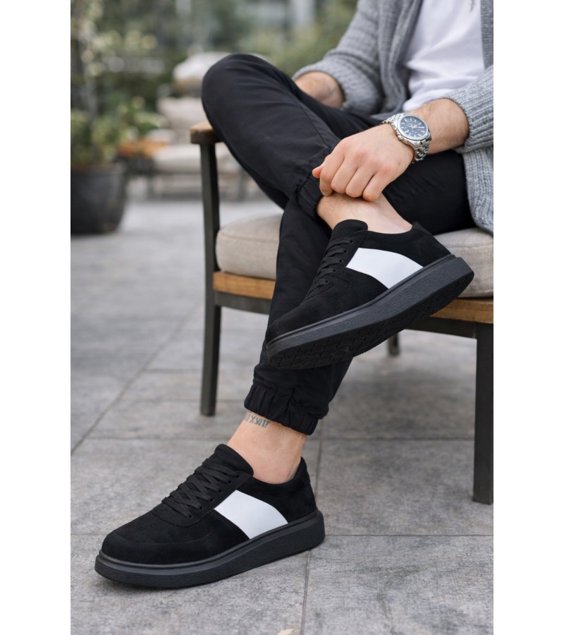 JY011 Line Erkek Günlük Bağcıklı Süet Spor Sneaker Ayakkabı SST - Siyah/Beyaz