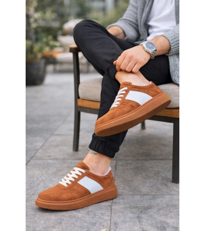 JY011 Line Erkek Günlük Bağcıklı Süet Spor Sneaker Ayakkabı STT - Taba/Beyaz