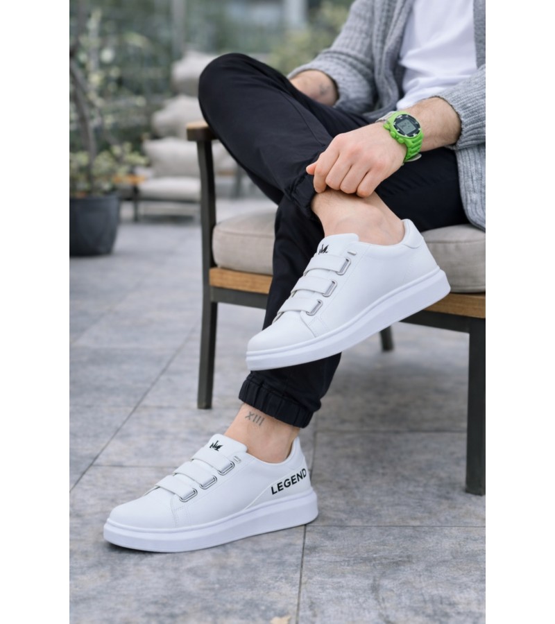 JY029 Mono Bağcıksız 3 Bantlı Lastikli Legend Cilt Erkek Günlük Sneaker Ayakkabı CBT - Beyaz