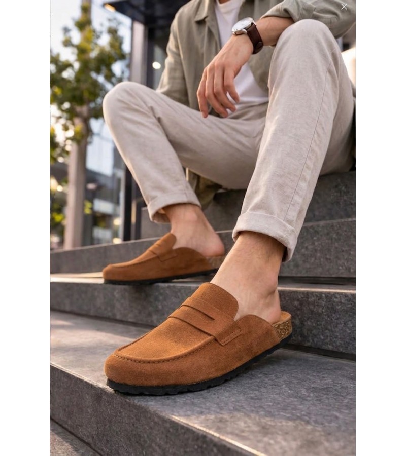JY0456 Rayn Bağcıksız Hakiki Süet Deri Erkek Günlük Mantar Taban Loafer Klasik Ayakkabı HDMT - Taba