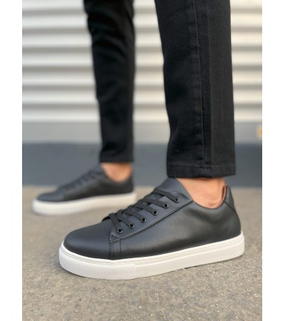JY122 Mode Bağcıklı Cilt Erkek Günlük Sneaker Ayakkabı CBT - Siyah