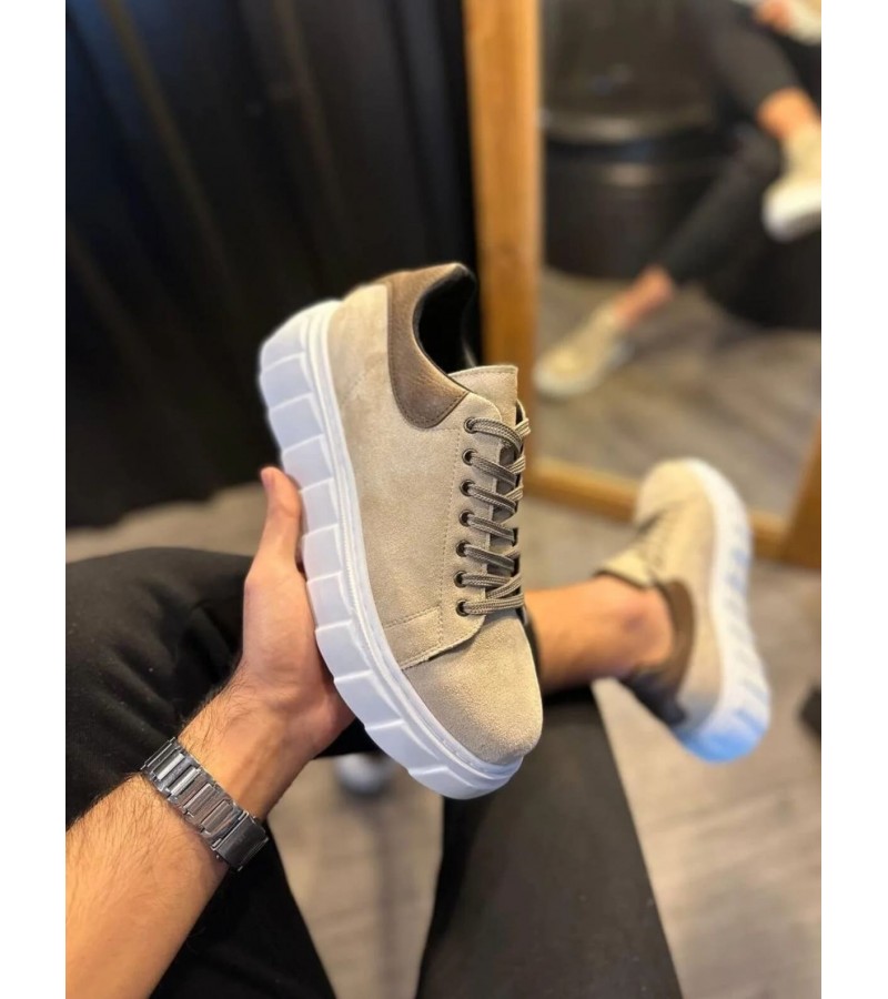 JY144 Volt Bağcıklı Süet Erkek Günlük Sneaker Yüksek Taban Ayakkabı SBT Krem