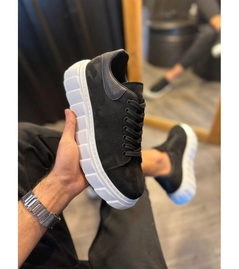 JY144 Volt Bağcıklı Süet Erkek Günlük Sneaker Yüksek Taban Ayakkabı SBT Siyah