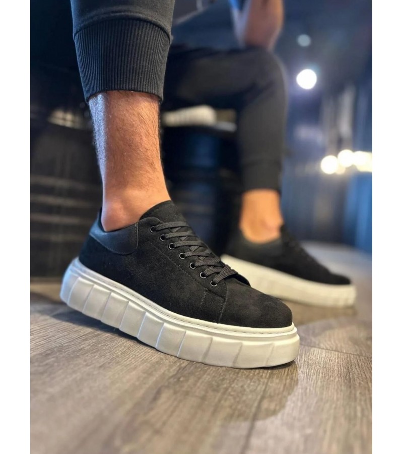 JY144 Volt Bağcıklı Süet Erkek Günlük Sneaker Yüksek Taban Ayakkabı SBT Siyah