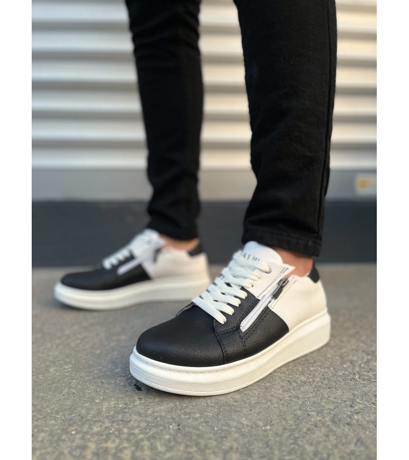 JY155 Warrior Bağcıklı ve Fermuarlı Cilt Erkek Günlük Sneaker Ayakkabı CBT - Beyaz/Siyah