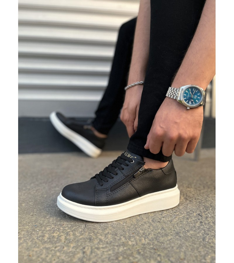 JY155 Warrior Bağcıklı ve Fermuarlı Cilt Erkek Günlük Sneaker Ayakkabı CBT - Siyah