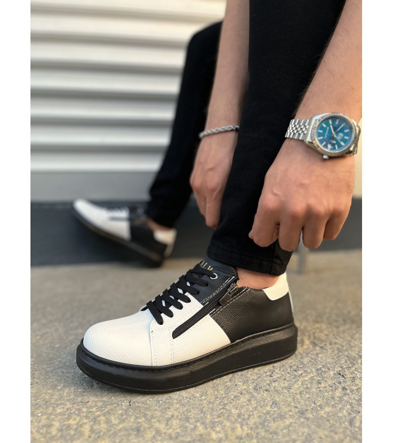 JY155 Warrior Bağcıklı ve Fermuarlı Cilt Erkek Günlük Sneaker Ayakkabı CST - Siyah/Beyaz