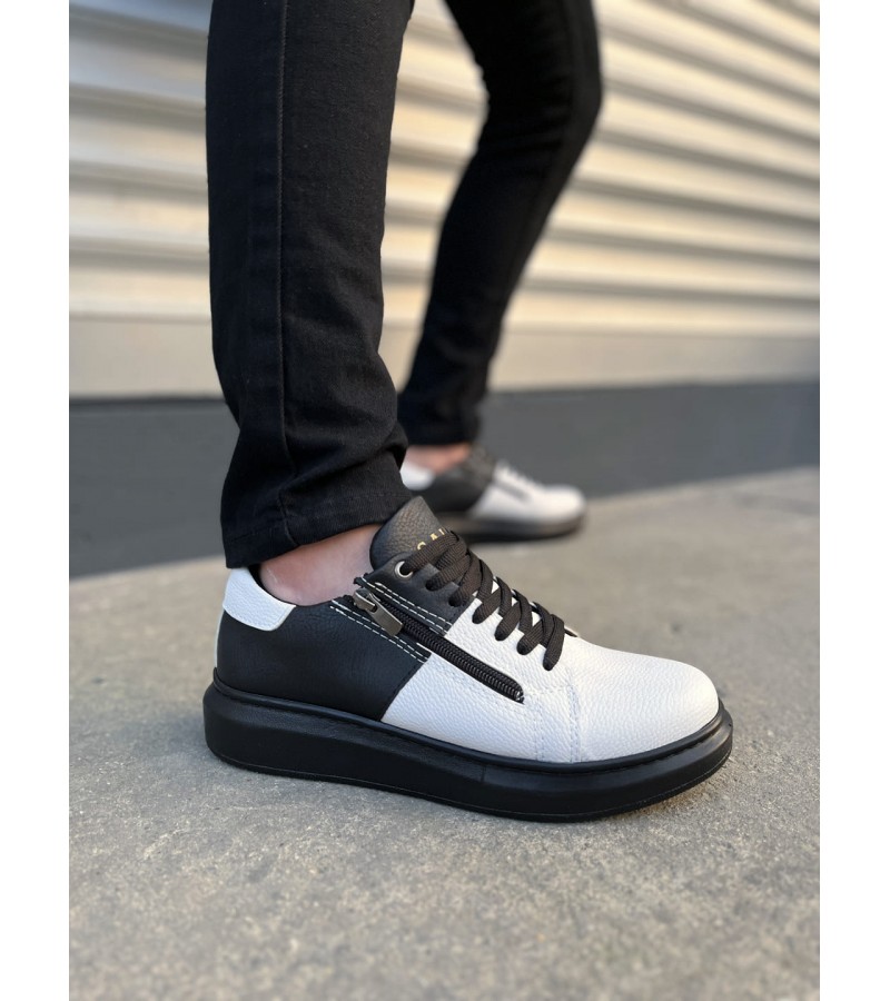 JY155 Warrior Bağcıklı ve Fermuarlı Cilt Erkek Günlük Sneaker Ayakkabı CST - Siyah/Beyaz