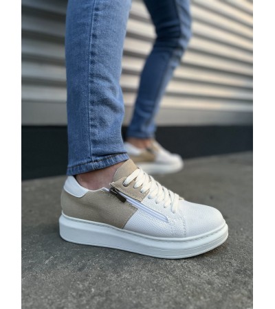 JY155 Warrior Bağcıklı ve Fermuarlı Cilt Süet Erkek Günlük Sneaker Ayakkabı CSBT - Beyaz/Krem