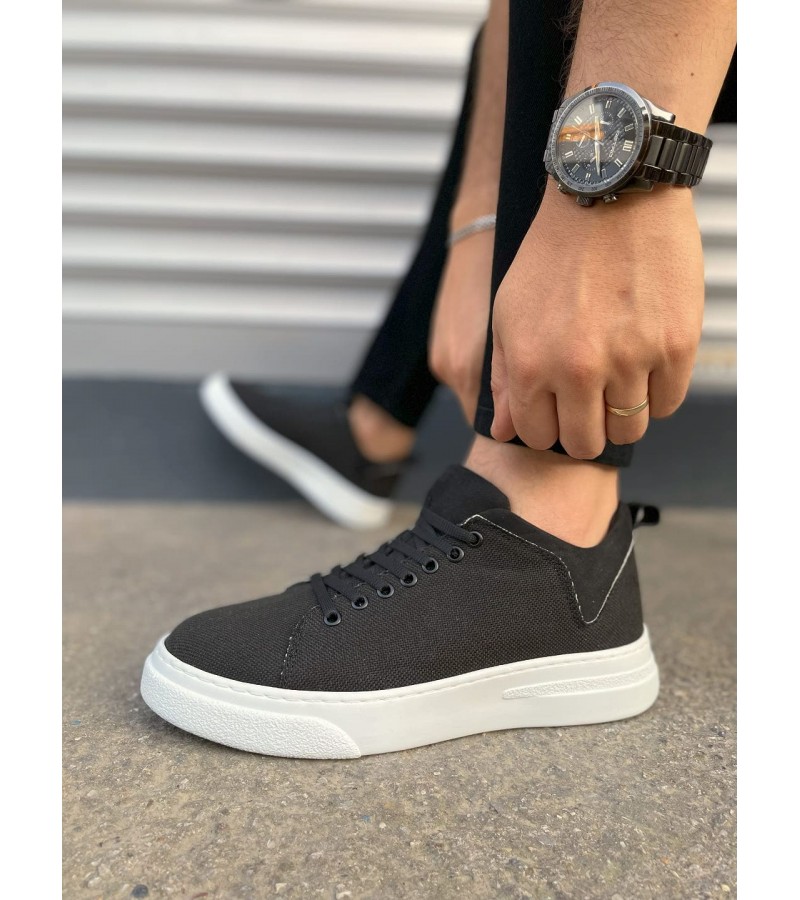 JY204 Flex Bağcıklı Keten Kumaş Erkek Günlük Sneaker Ayakkabı KBT - Siyah
