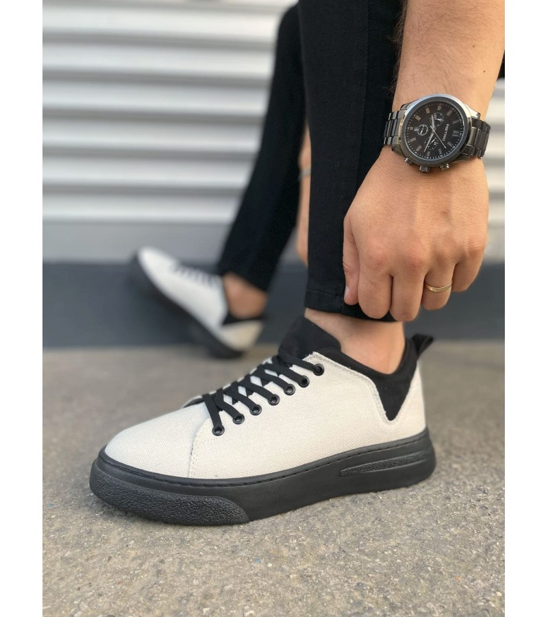 JY204 Flex Bağcıklı Keten Kumaş Erkek Günlük Sneaker Ayakkabı KST - Beyaz/Siyah