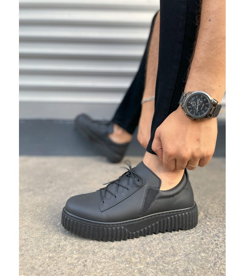 JY502 Bold Bağcıklı Cilt Erkek Günlük Sneaker Ayakkabı CST - Siyah