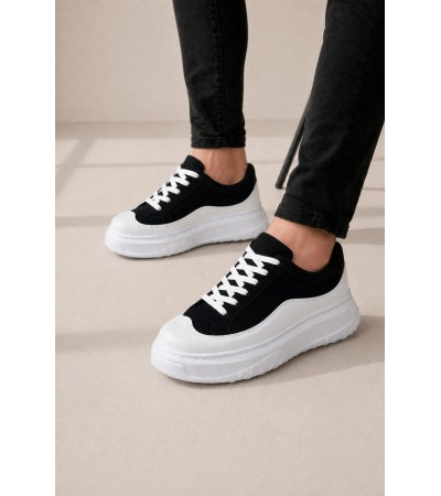 JY507 Dara Bağcıklı Süet Cilt Erkek Günlük Sneaker Ayakkabı SCBT Siyah/Beyaz