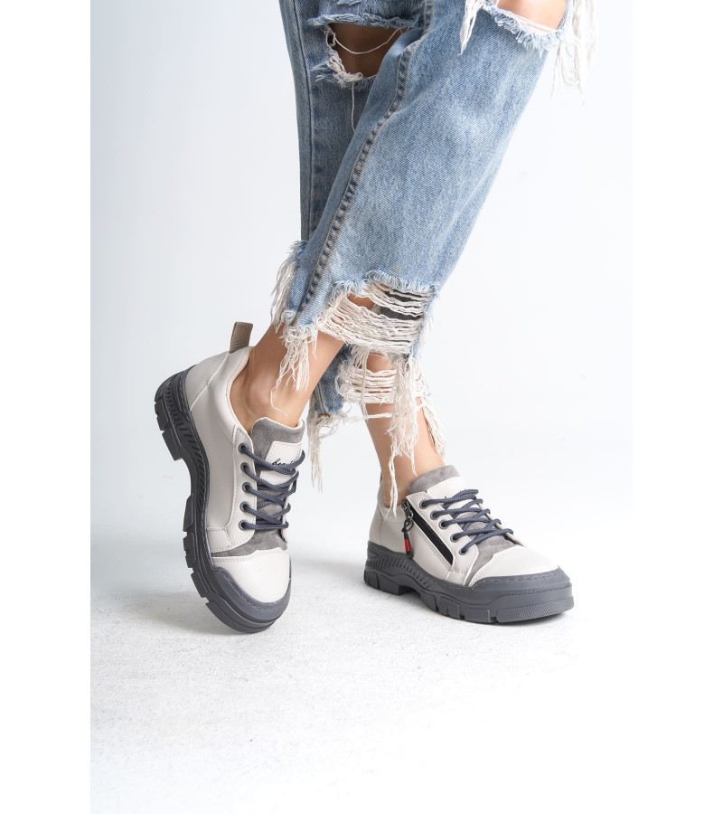 AGATHA Bağcıklı Fermuarlı Ortopedik Taban Kadın Sneaker Spor Ayakkabı CGT - Krem
