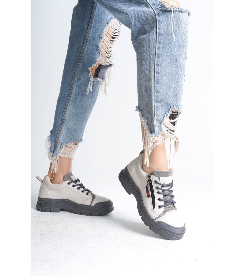 AGATHA Bağcıklı Fermuarlı Ortopedik Taban Kadın Sneaker Spor Ayakkabı CGT - Krem