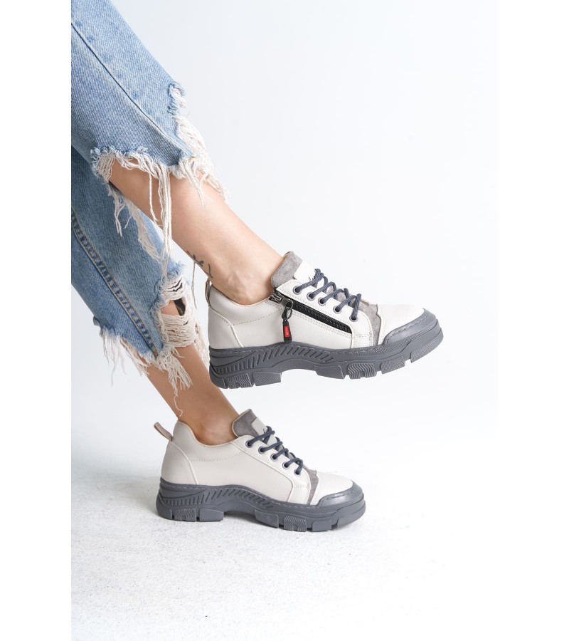 AGATHA Bağcıklı Fermuarlı Ortopedik Taban Kadın Sneaker Spor Ayakkabı CGT - Krem