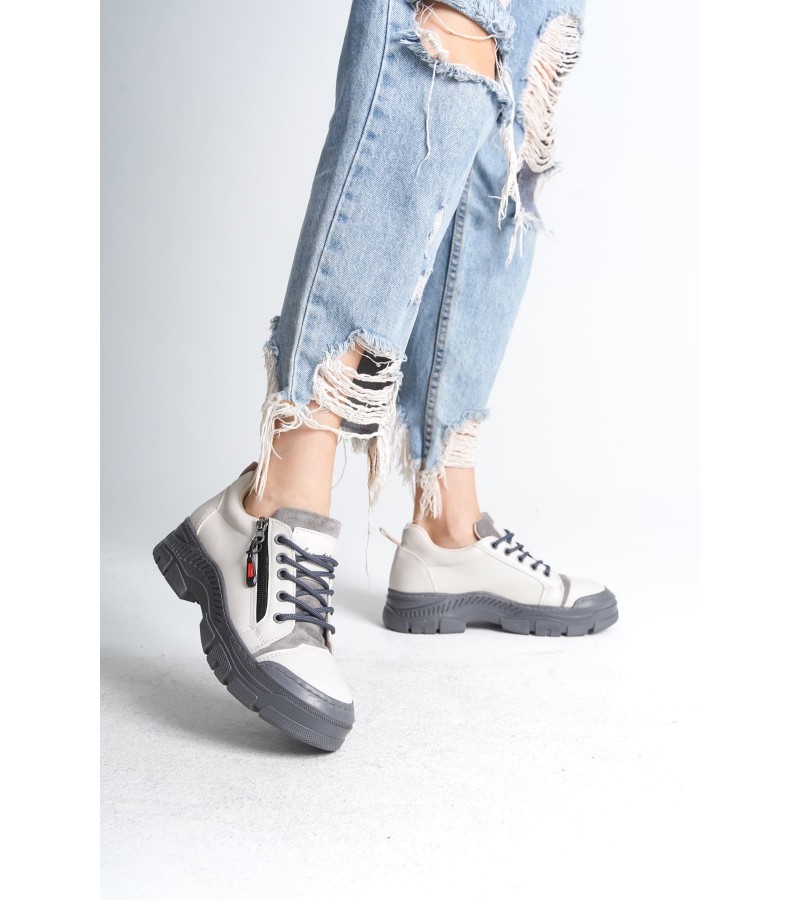AGATHA Bağcıklı Fermuarlı Ortopedik Taban Kadın Sneaker Spor Ayakkabı CGT - Krem