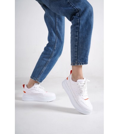 ALESSI Bağcıklı Ortopedik Taban Kadın Sneaker Spor Ayakkabı CBT - Beyaz/Turuncu