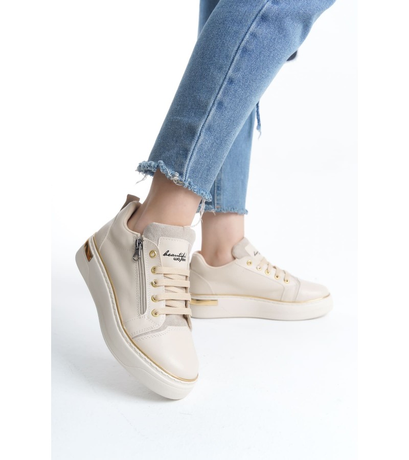 DINA Bağcıklı Fermuarlı Ortopedik Taban Kadın Sneaker Spor Ayakkabı CKT - Krem/Altın DINA Bağcıklı Fermuarlı Ortopedik Taban Kadın Sneaker Spor Ayakkabı CKT - Krem/Altın