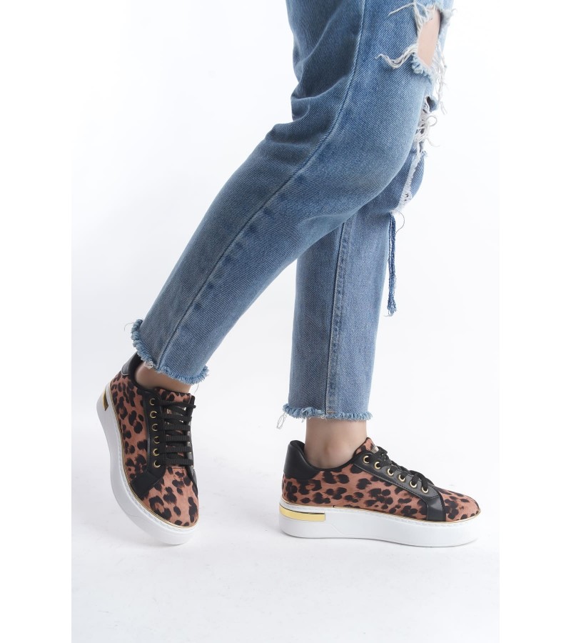 MINA Bağcıklı Ortopedik Taban Leopar Desenli Kadın Sneaker Spor Ayakkabı TBT - Kahverengi MINA Bağcıklı Ortopedik Taban Leopar Desenli Kadın Sneaker Spor Ayakkabı TBT - Kahverengi