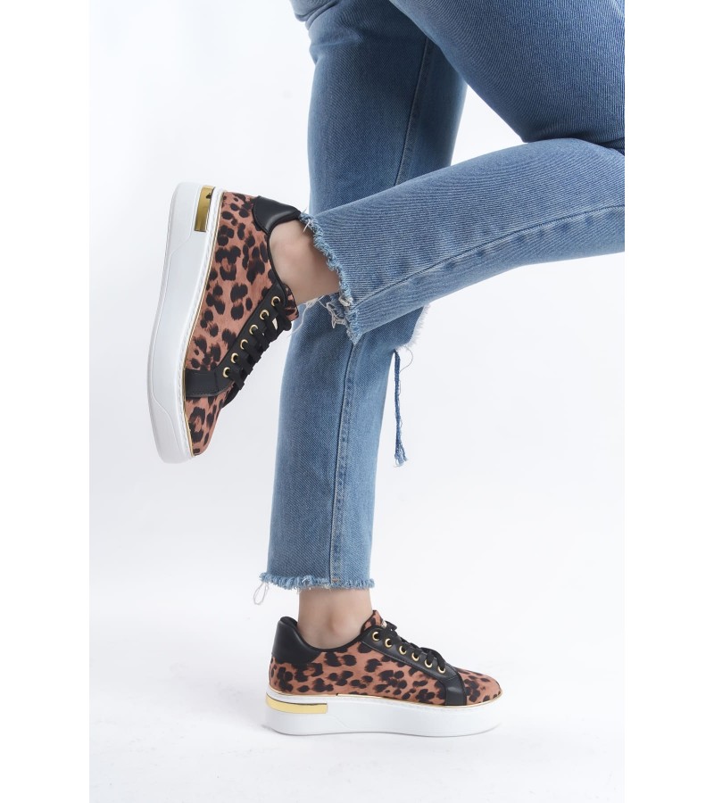 MINA Bağcıklı Ortopedik Taban Leopar Desenli Kadın Sneaker Spor Ayakkabı TBT - Kahverengi MINA Bağcıklı Ortopedik Taban Leopar Desenli Kadın Sneaker Spor Ayakkabı TBT - Kahverengi