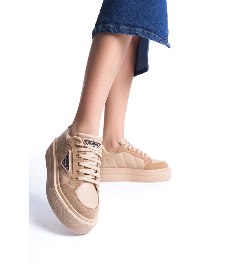 PRAG Bağcıklı Ortopedik Taban Desenli Kadın Sneaker Spor Ayakkabı CTT - Ten PRAG Bağcıklı Ortopedik Taban Desenli Kadın Sneaker Spor Ayakkabı CTT - Ten