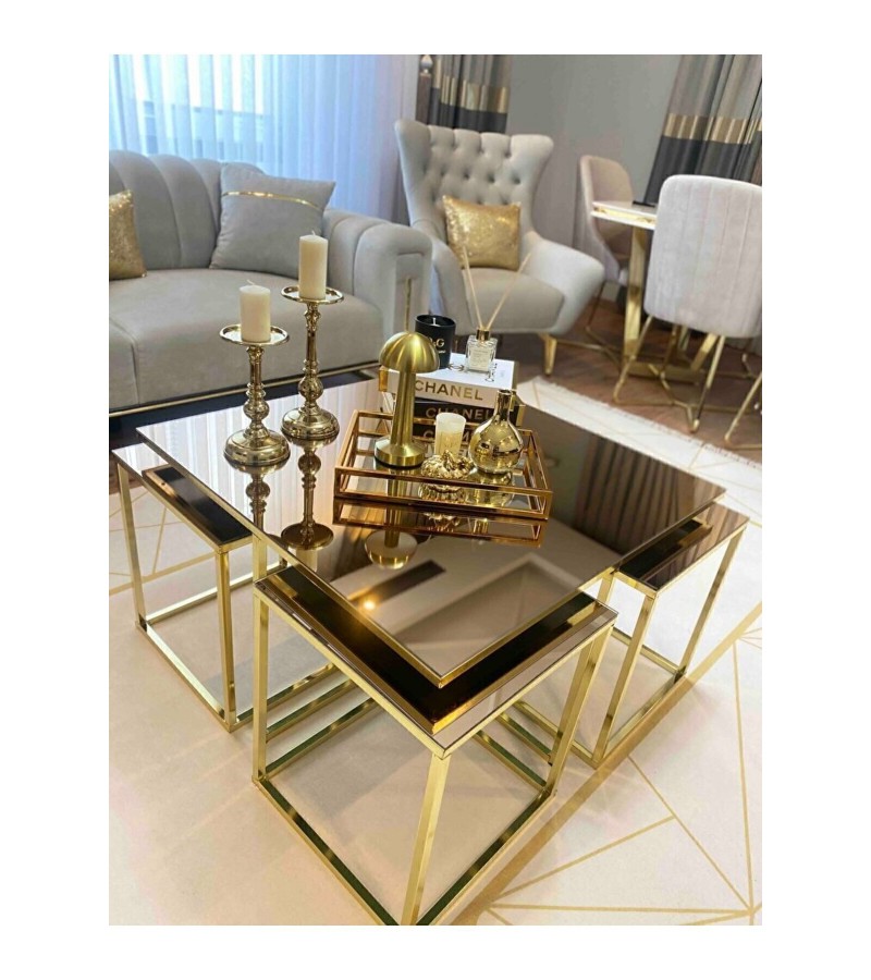 Lizbon 5'li Gold Kaplama Bronz Aynalı Orta Sehpa & Zigon Sehpa & Yan Sehpa & Bohem Sehpa Takımı Lizbon 5'li Gold Kaplama Bronz Aynalı Orta Sehpa & Zigon Sehpa & Yan Sehpa & Bohem Sehpa Takımı