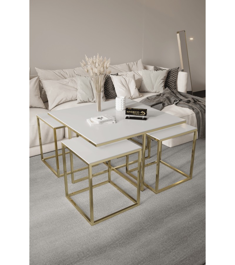 Viyana 5'li Gold Beyaz 12 Mm Parlak Mdf Orta Sehpa & Zigon Sehpa & Yan Sehpa & Bohem Sehpa Takımı