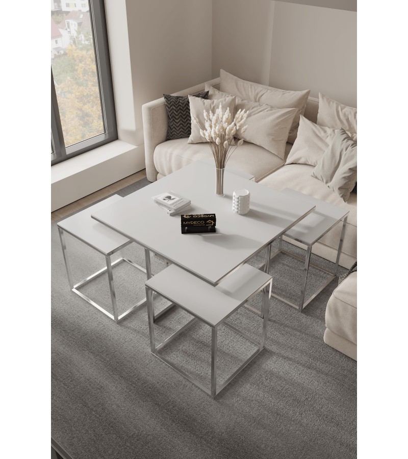 Havana 5'li Gümüş Beyaz 12 Mm Parlak Mdf Orta Sehpa & Zigon Sehpa & Yan Sehpa & Bohem Sehpa Takımı