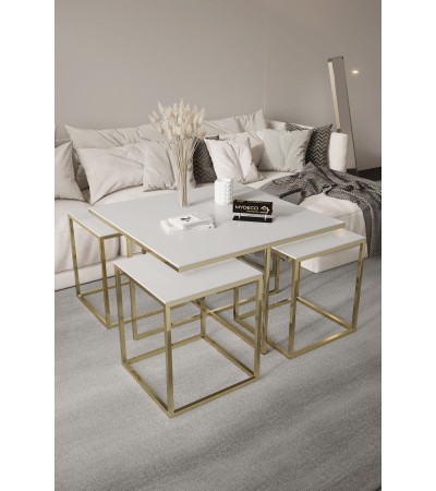 Viyana 5'li Gold Beyaz 12 Mm Parlak Mdf Orta Sehpa & Zigon Sehpa & Yan Sehpa & Bohem Sehpa Takımı