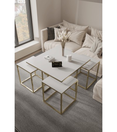 Viyana 5'li Gold Beyaz 12 Mm Parlak Mdf Orta Sehpa & Zigon Sehpa & Yan Sehpa & Bohem Sehpa Takımı