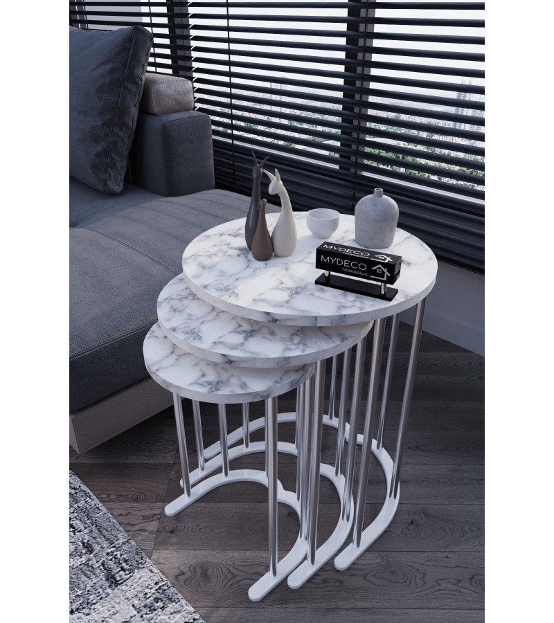 3' Lü Zigon Sehpa Gümüş Ayak Beyaz Mermer Desen 18 mm Mdf