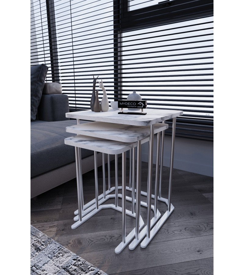 3' Lü Kare Zigon Sehpa Gümüş Ayak Beyaz Mermer Desen 18 mm Mdf