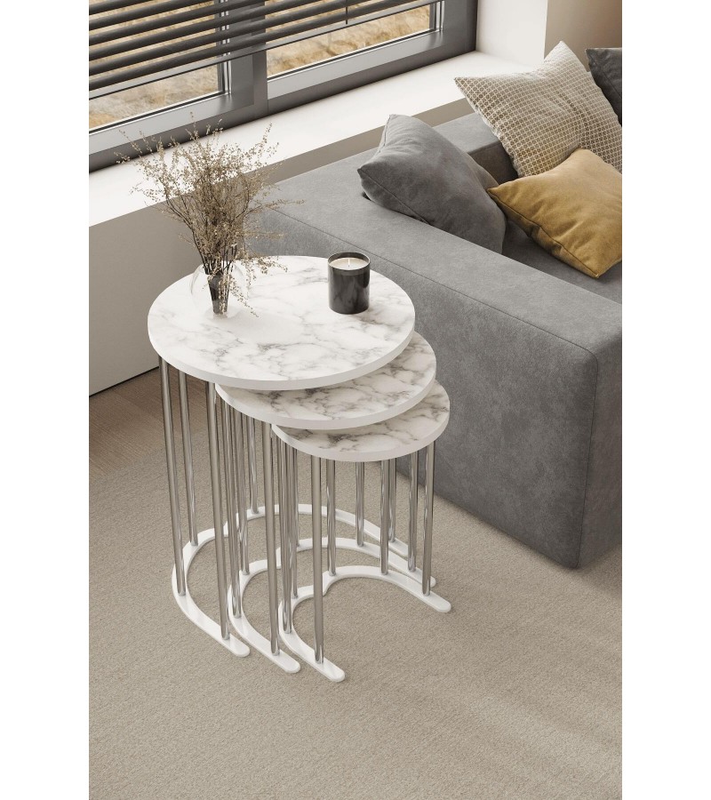 3' Lü Zigon Sehpa Gümüş Ayak Beyaz Mermer Desen 18 mm Mdf