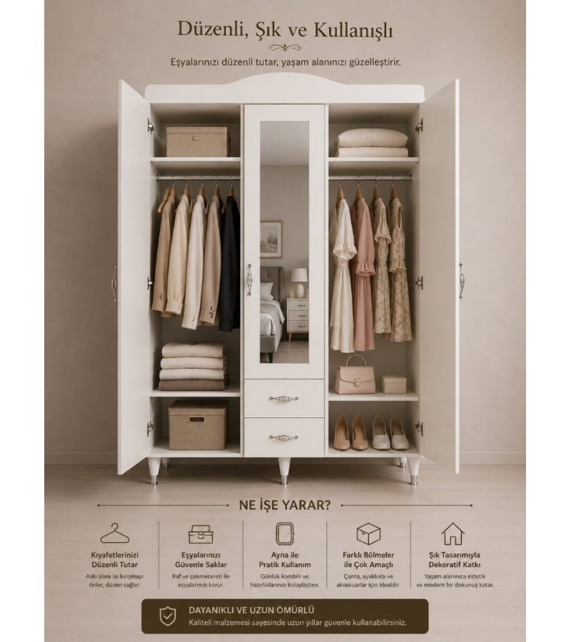 Beyaz modern 3 kapılı gardırop, aynalı ve çekmeceli tasarım