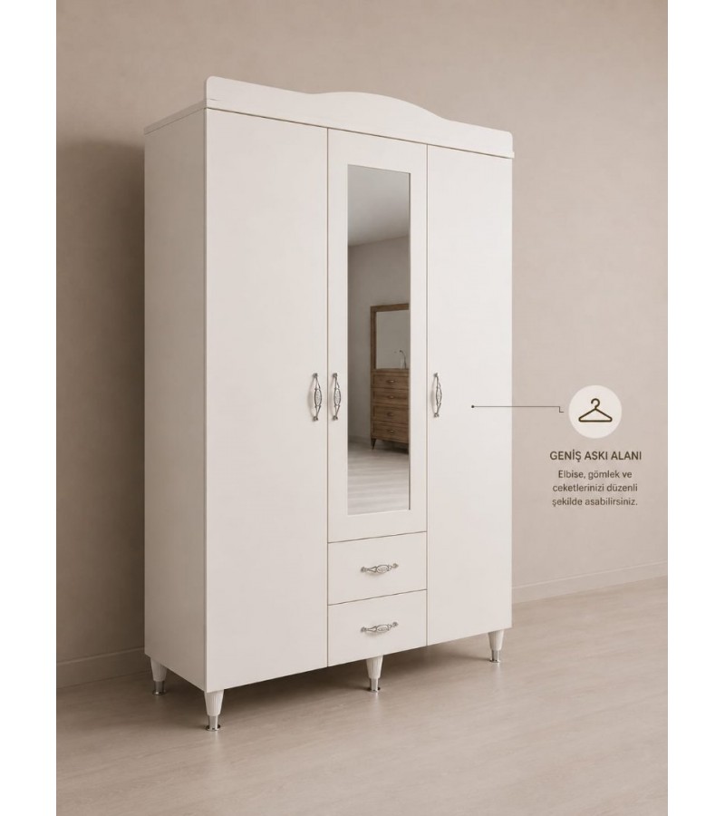 Beyaz modern 3 kapılı gardırop, aynalı ve çekmeceli tasarım