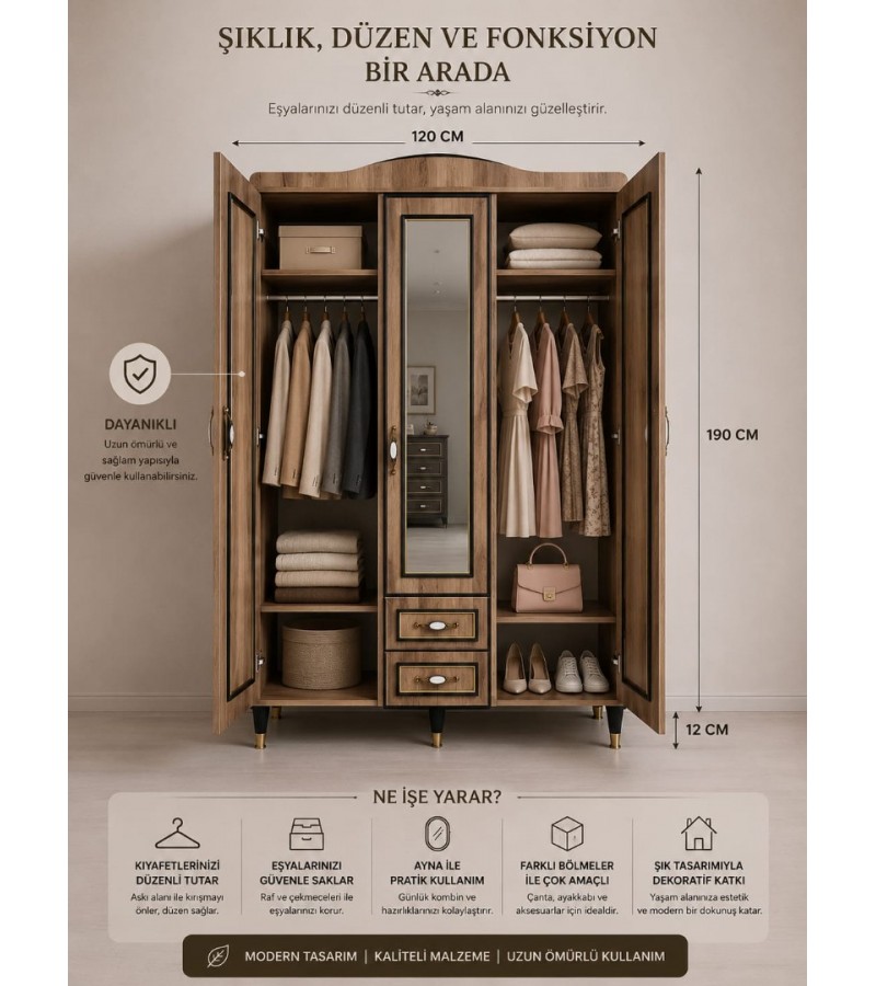 Vera 3 Kapılı Aynalı Gardırop