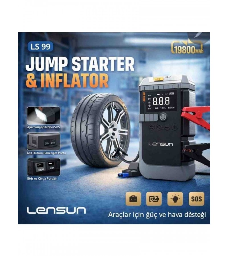 Ls99 Jump Starter 19800 Mah Akü Takviyeli Hava Kompresörü