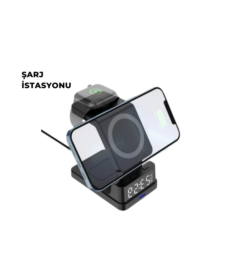 Kablosuz Şarj İstasyonu Ve Dijital Saat – Apple Uyumlu, 3 Kademeli Işık Ayarı